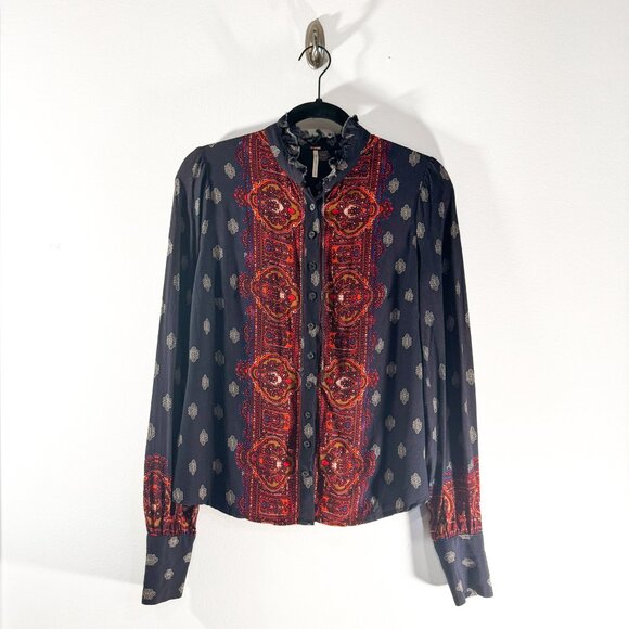 Free People Wishing Well Border Print Button Up Blouse Blue Red Women's Size S - Picture 2 of 9